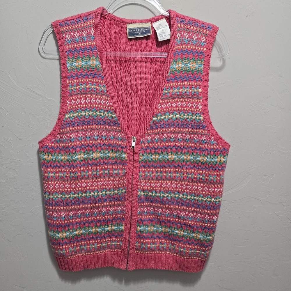Erika Classics Women M Sweater Vest Pink Fair Isle Zip Front Cottagecore Vintage